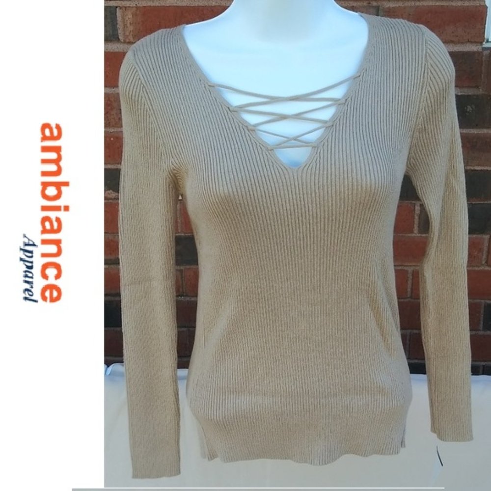 Ambiance Apparel Lace-Up Sweater Fitted Ribbed